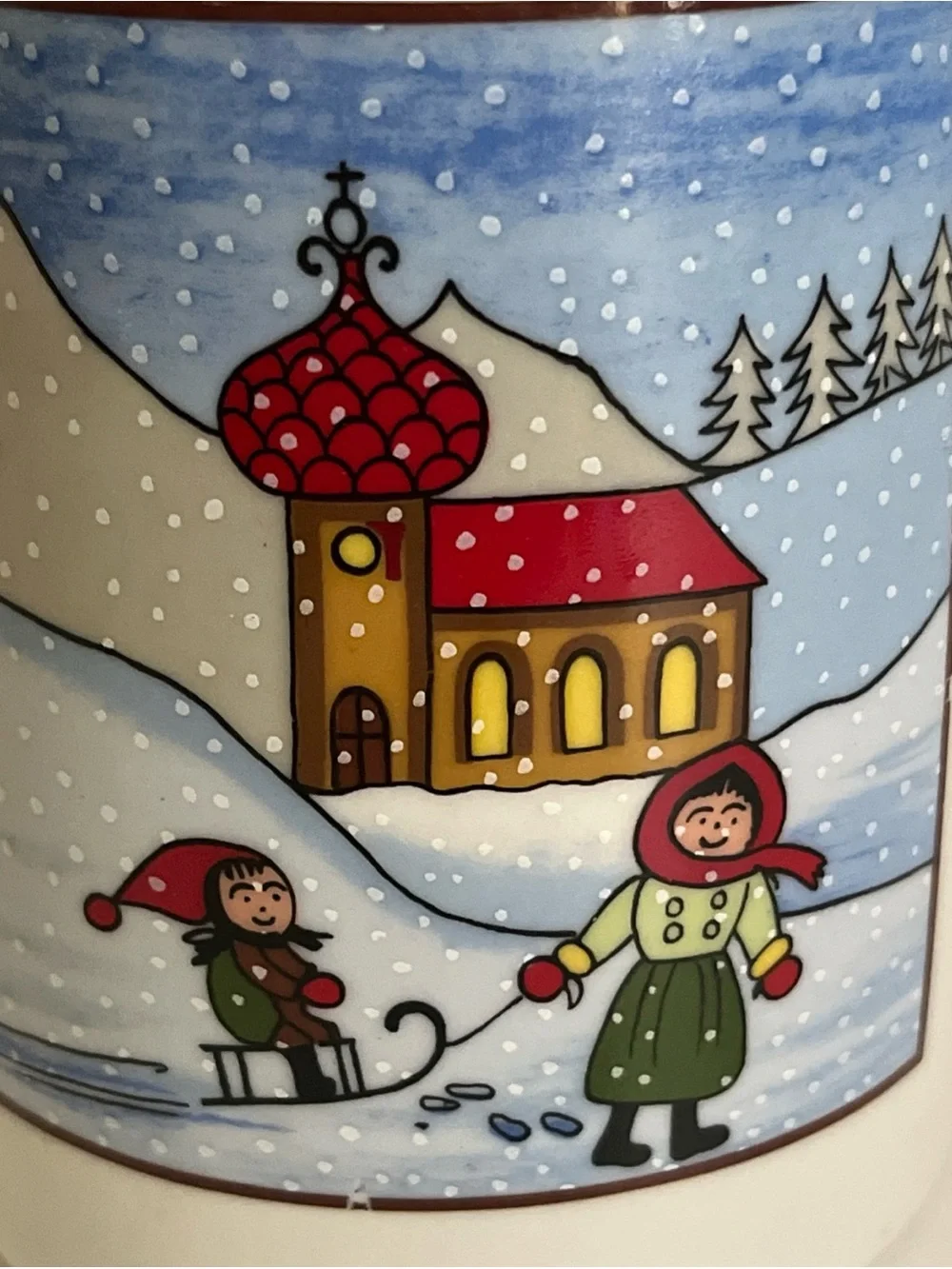 Vintage Ceramic Tea Pot No Lid Christmas Winter Snow Scene Mom Child Sled 5.5”